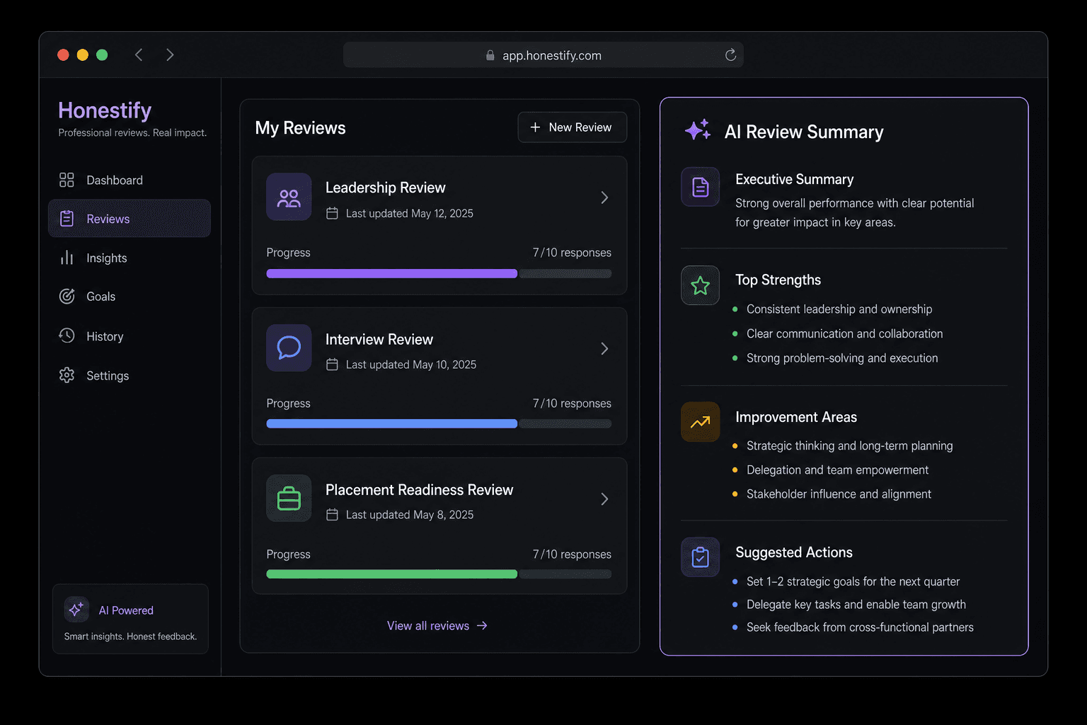 Honestify dashboard with review list, response progress, and AI review summary showing strengths and improvement areas